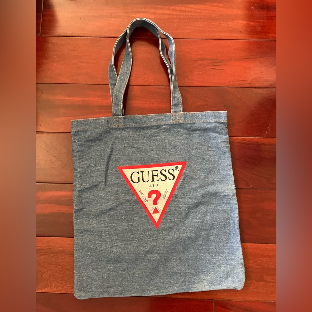 GUESS Denim Blue Tote Bag with Red Logo